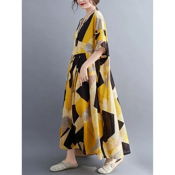 Women Plus Size Color Block Dress Geometric Print Casual Loose Fit - Picture 3 of 7